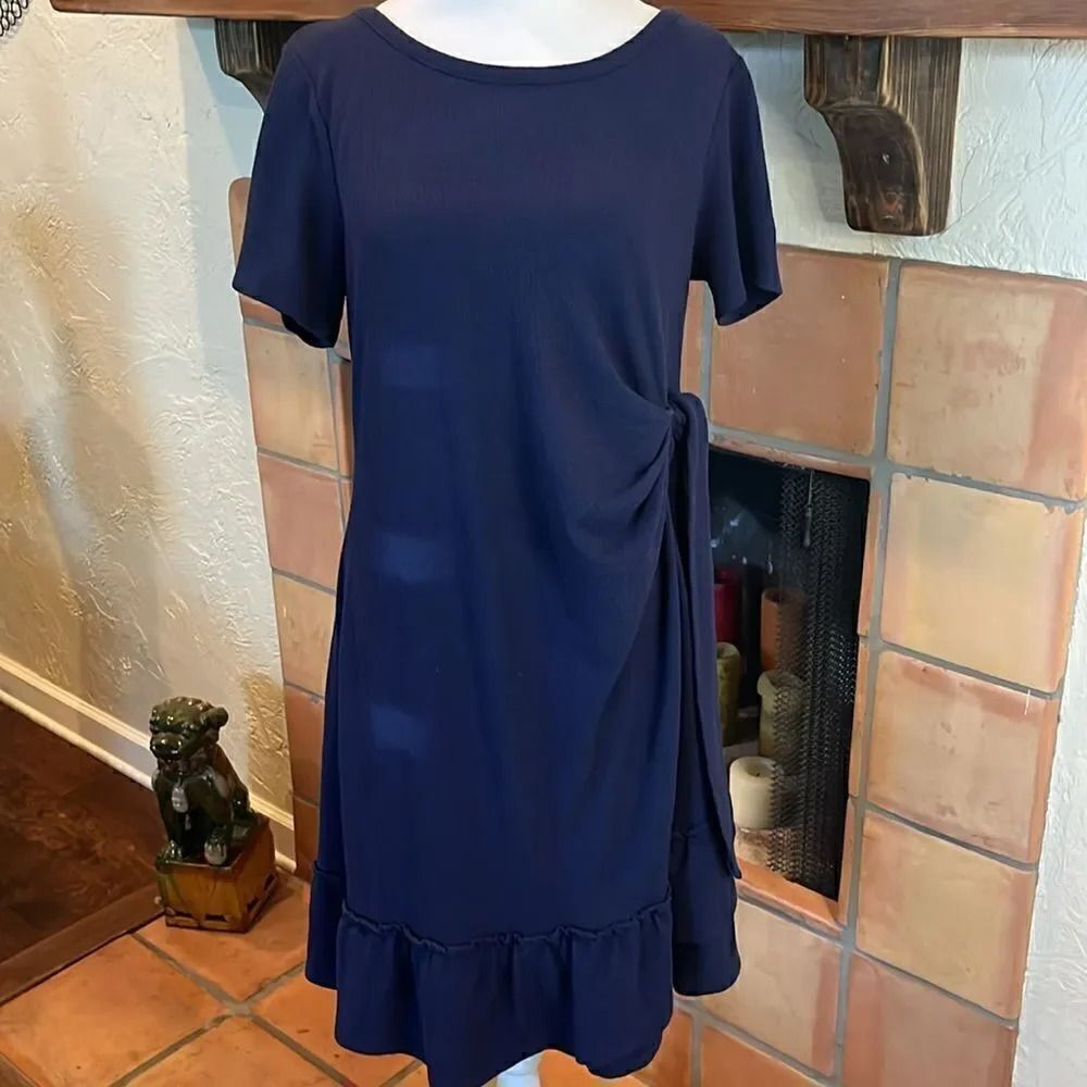 A Pea in the Pod Navy Blue RUFFLE HEM SIDE TIE MATERNITY DRESS, L!